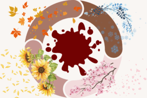 Zyklusgrafik im Jahreszeitenmodell mit Frühling (Kirschblüten), Sommer (Sonnenblumen), Herbst (bunte Blätter) und Winter (Schneeflocken), in Kreisform mit rotem Blutfleck in der Mitte