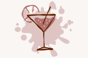 Illustration eines Cocktailglases als Symbol für den Hormon-Cocktail im Zyklus, mit rosa Getränk und Spritzern im Hintergrund